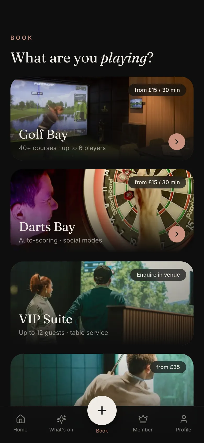 App concept booking screen with example data: golf bay, darts bay and VIP suite as large photo cards.