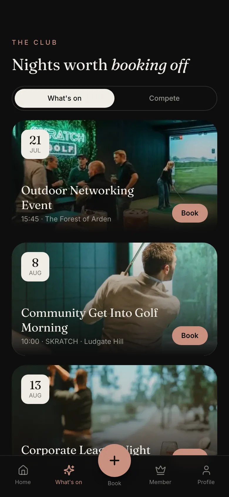 App concept events screen with example data: nights at the venue, each with a book button.