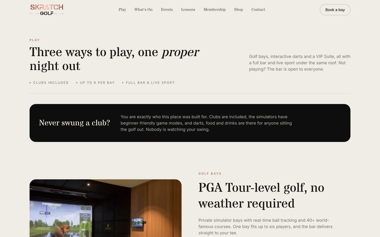 The SKRATCH Golf experiences page: three ways to play, golf bays, darts and the VIP suite.