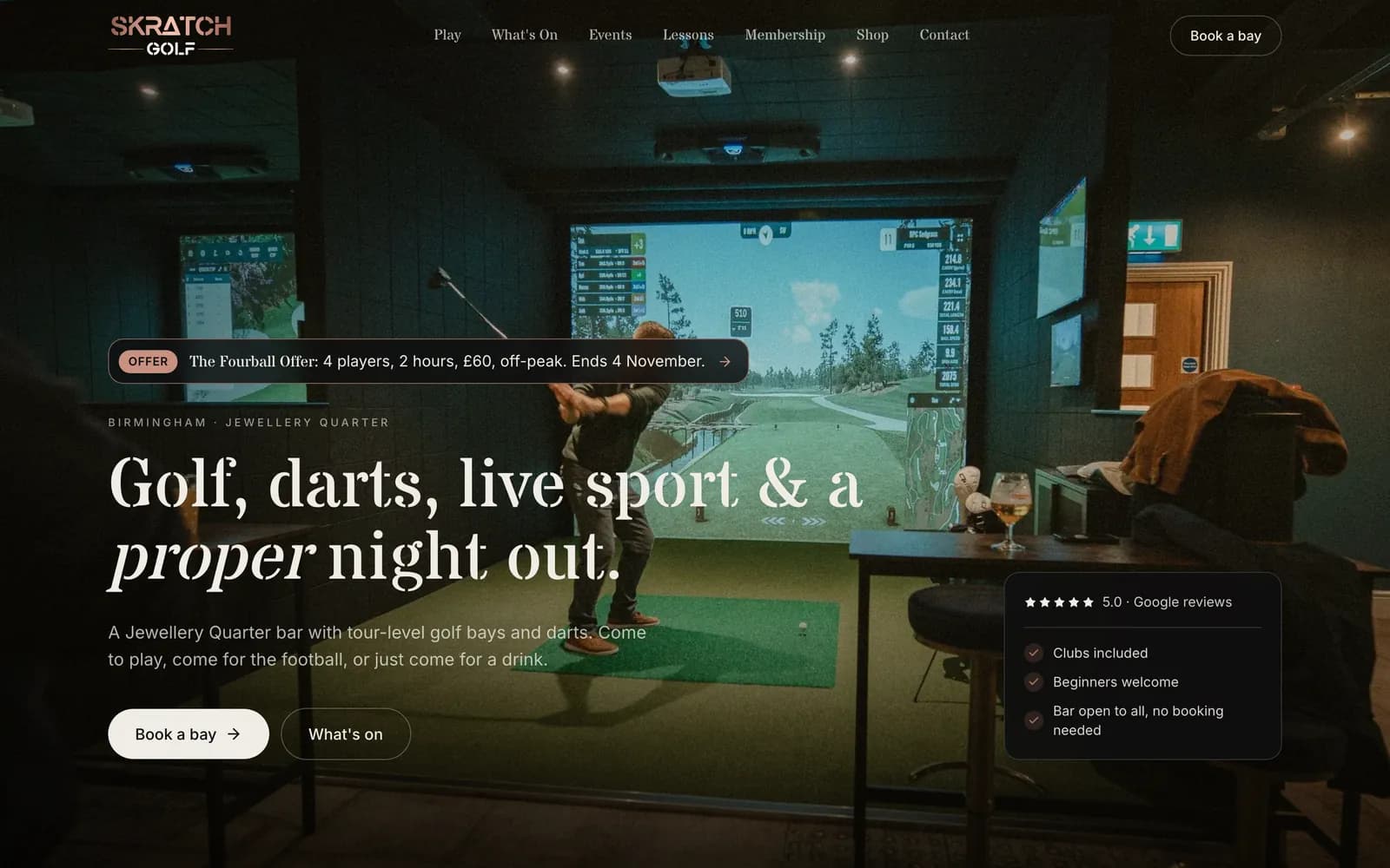 The SKRATCH Golf home page: a golfer in a simulator bay behind the headline Golf, darts, live sport and a proper night out.