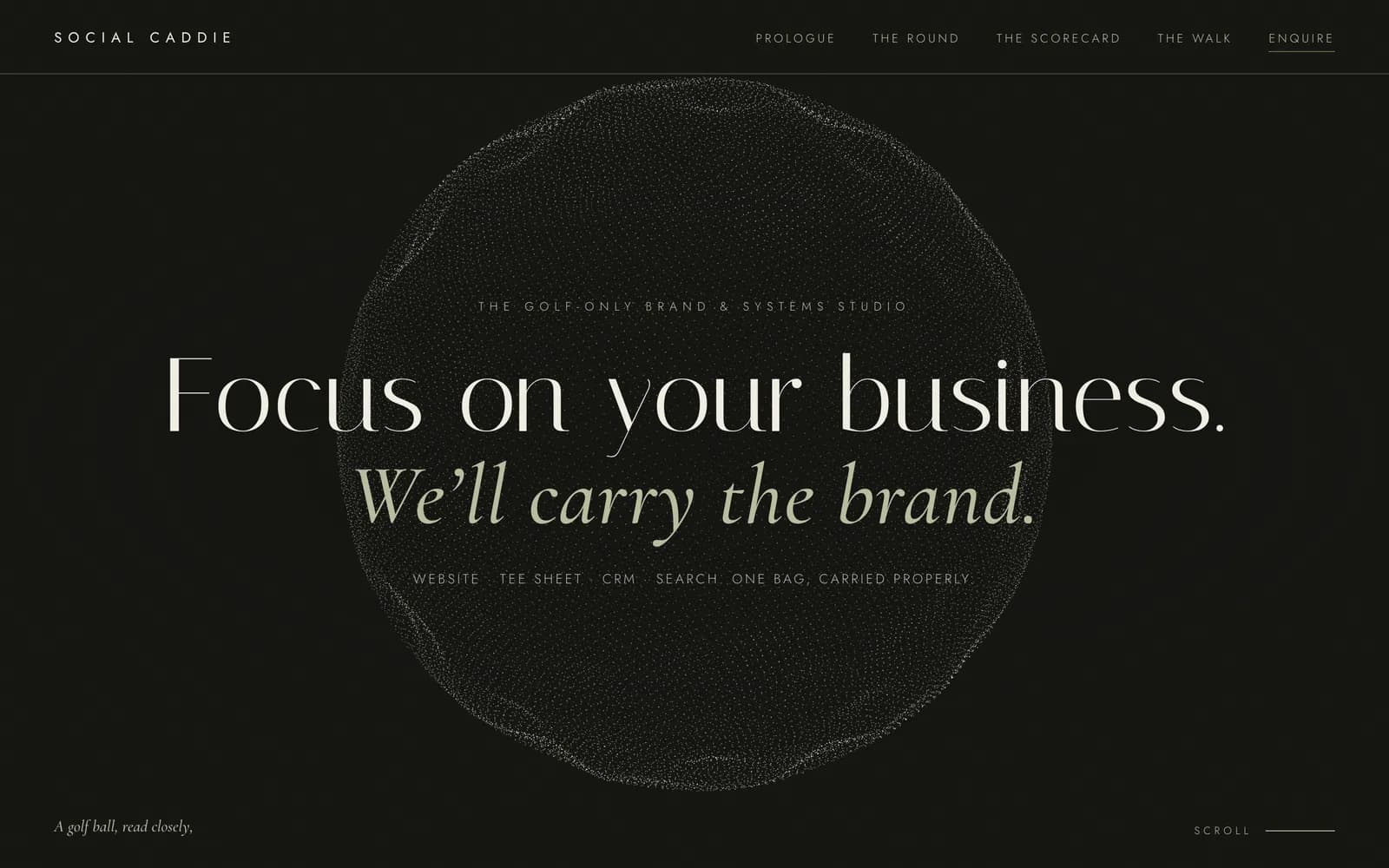 An early design round: a dark page with a thin serif headline inside a ring of points, styled like a golf yardage book.