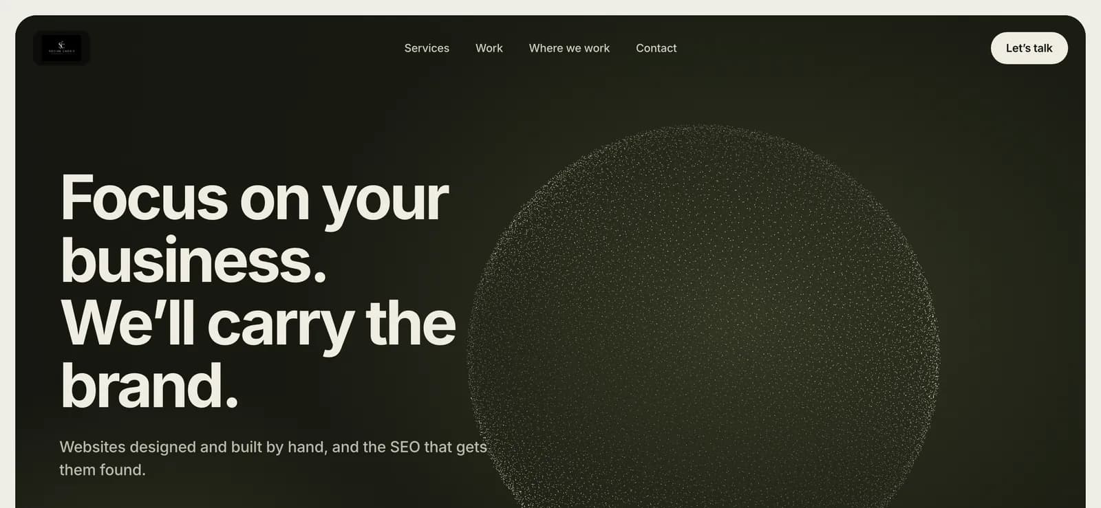 The live Social Caddie site: a large headline beside a sphere of points on a dark olive panel.